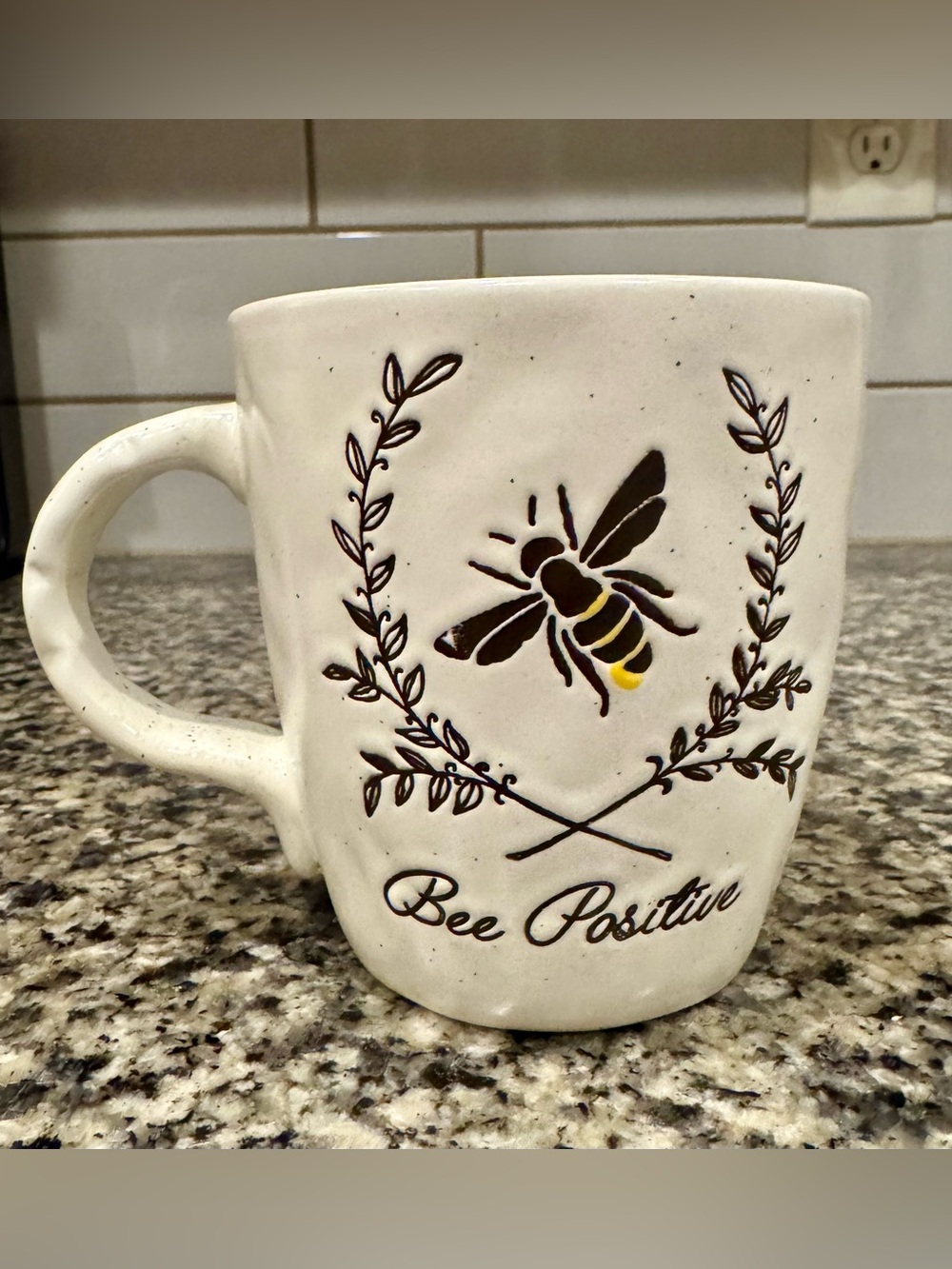 “Bee Positive” 17oz Coffee Tea Mug Ceramic Stoneware Bumblebee Embossed Wreath